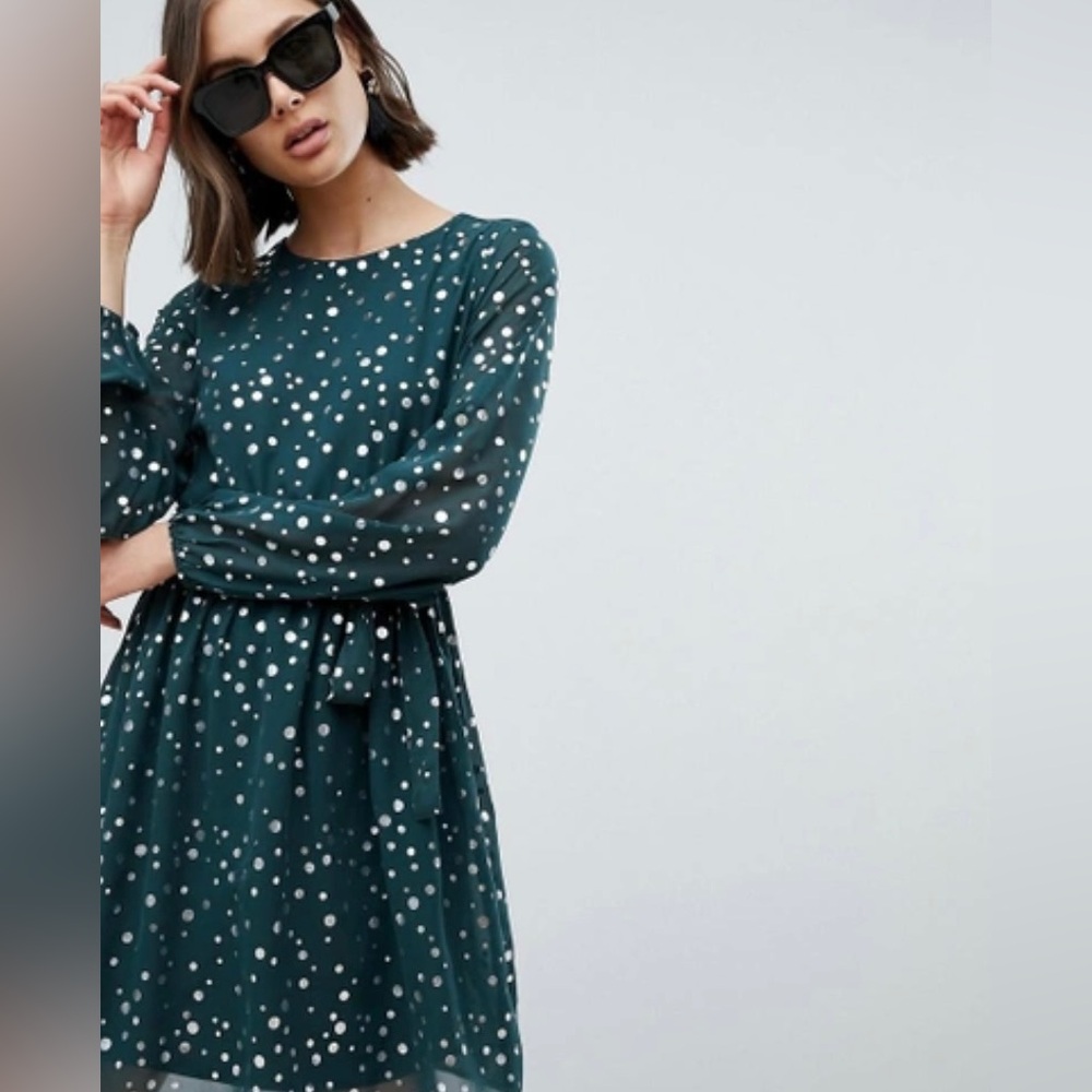 Spot Skater Dress Long Sleeve Green Asos/Vero Moda Size Small